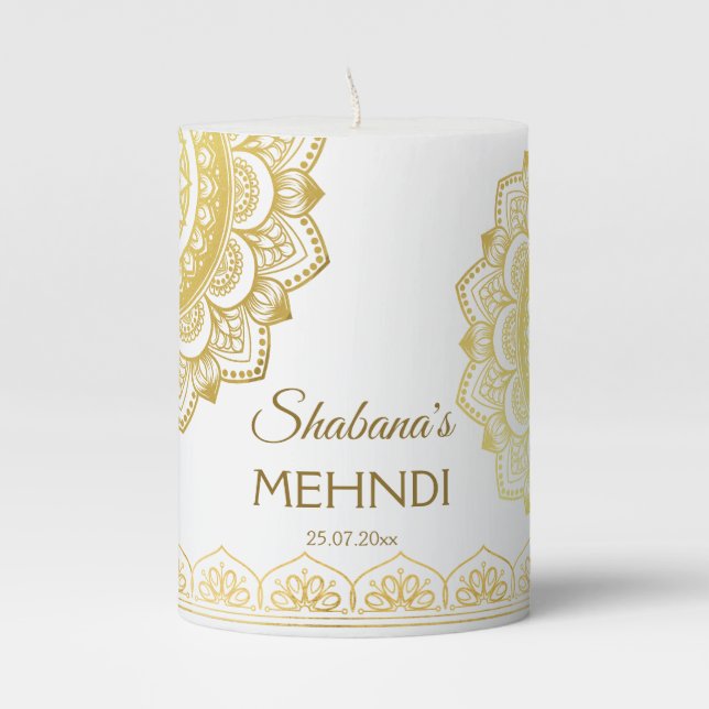 Mehndi favors personalized name gold mandala pillar candle (Front)