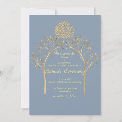 Mehndi Floral elegant DUSTY BLUE muslim wedding  Invitation