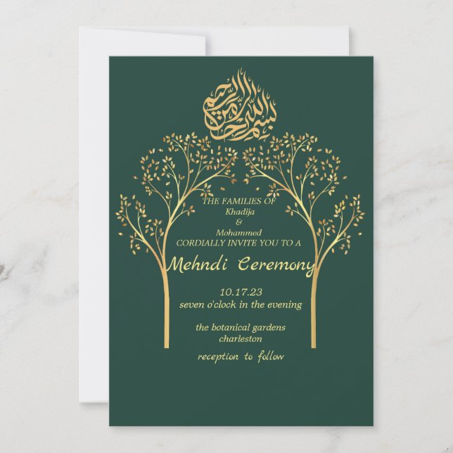 Mehndi Floral elegant EMERALDGREEN muslim wedding  Invitation (Front)