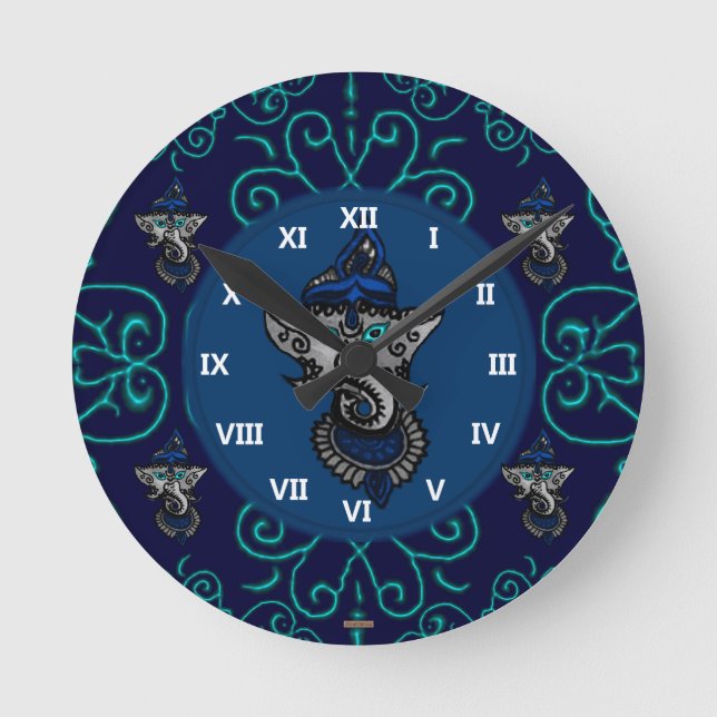 Mehndi Ganesha (Blue) Round Clock (Front)