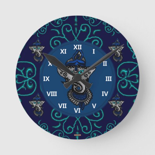 Mehndi Ganesha Blue Round Clock