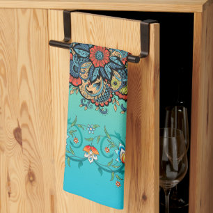Mehndi Green Floral Art, Boho Botanical Beauty Kitchen Towel