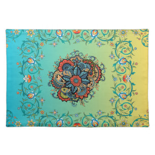 Mehndi Green Floral Art, Elegant Boho Pattern Cloth Placemat