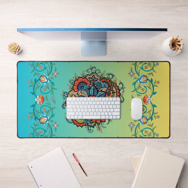 Mehndi Green Floral Art, Infinite Splendor Desk Mat (Office 1)
