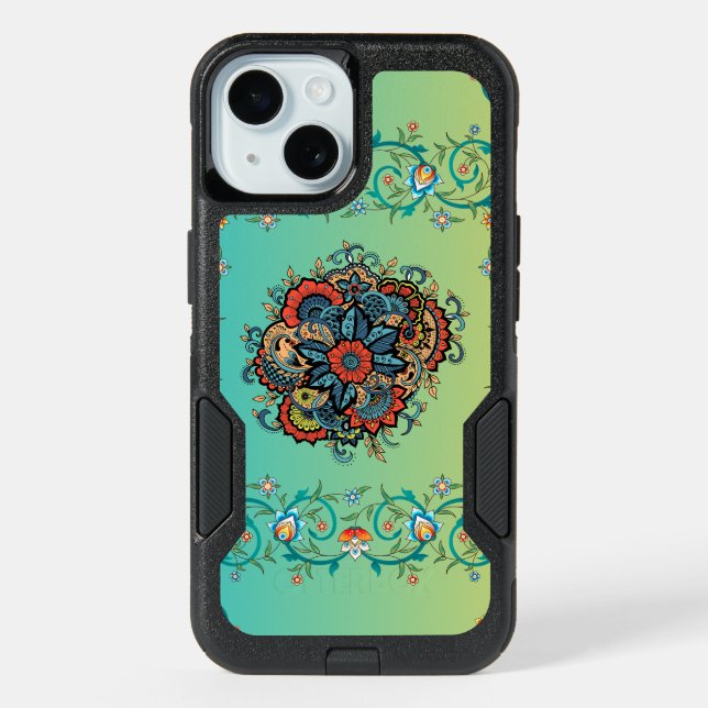 Mehndi Green Floral Art, Infinite Splendor iPhone 15 Case (Back)