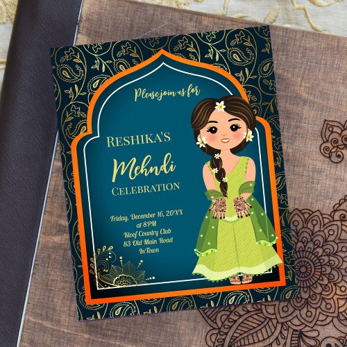 Mehndi Indian Arabian design teal budget invite