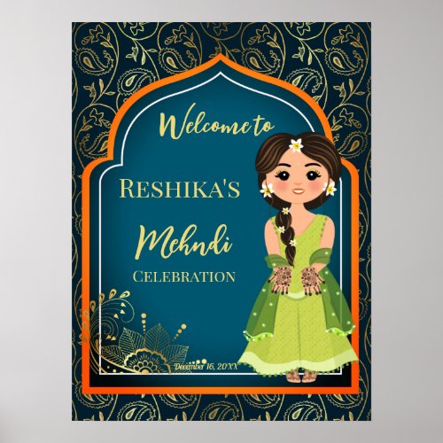 Mehndi Indian Arabian patterns design teal green Poster