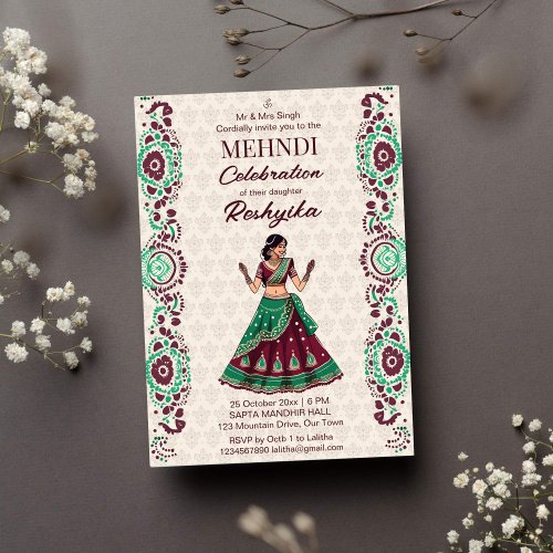 Mehndi Indian wedding cute bride burgundy green Invitation