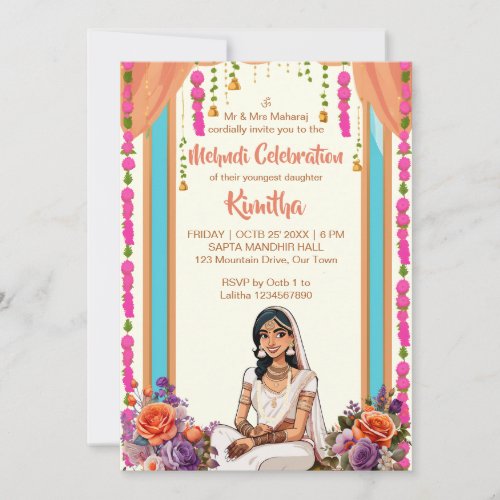 Mehndi Indian wedding cute bride in pink Invitation
