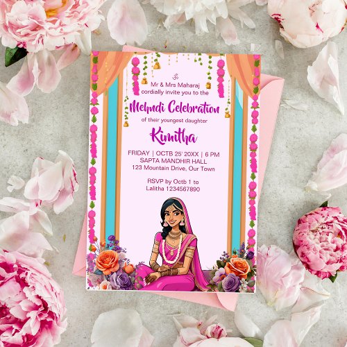 Mehndi Indian wedding cute bride in pink Invitation