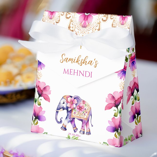 Mehndi Indian wedding elephant pink flowers Favor Boxes (Mehndi Indian wedding cute decorated elephant pink flowers Favor Box)
