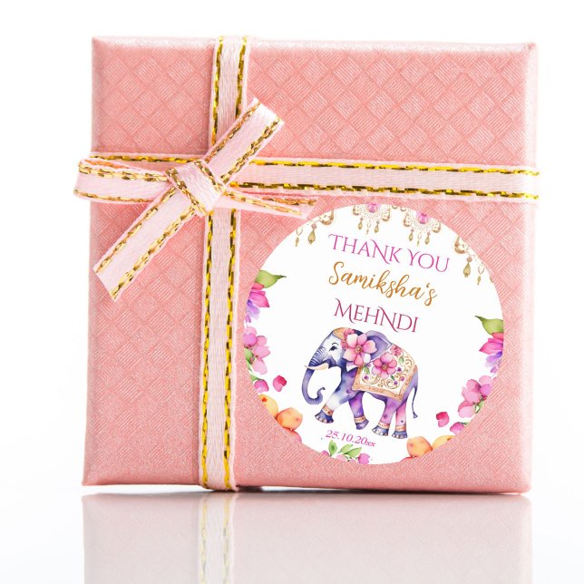 Mehndi Indian wedding elephant pink flowers favor Classic Round Sticker (Mehndi Indian wedding cute elephant favor gift thank you stickers modern watercolor pink and gold)