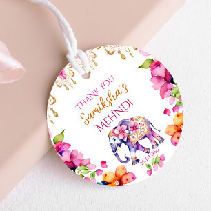 Mehndi Indian wedding elephant pink flowers favor Tags