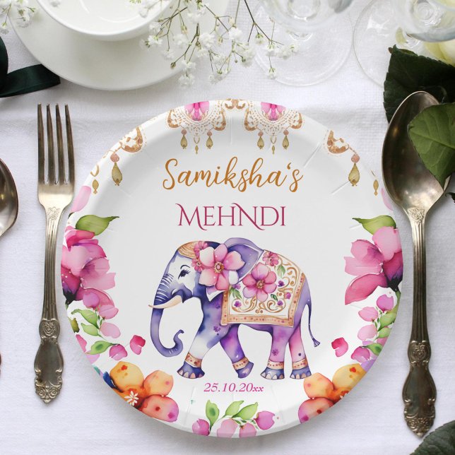 Mehndi Indian wedding ornate elephant tableware Paper Plates (Mehndi Indian wedding decorated elephant tableware personalized plates pink flowers elephant mehndi)