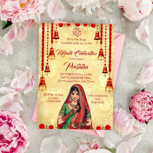 Mehndi Indian wedding red and gold Invitation