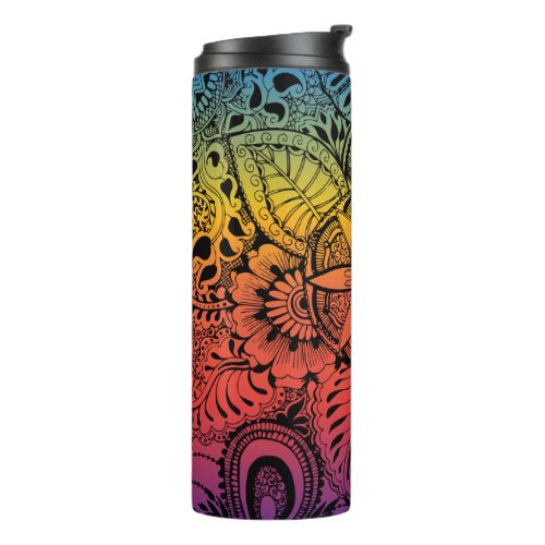 Mehndi Inspired Drawing Floral Boho Rainbow Thermal Tumbler