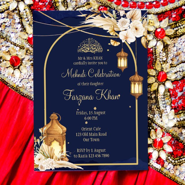 Mehndi invite Arabian lanterns golden arch (Creator Uploaded)