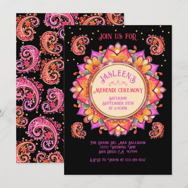 Mehndi Mandala Night Party Pink Gold Invitation (Front/Back)