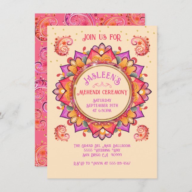 Mehndi Mandala Night Party Pink Gold Invitation (Front/Back)