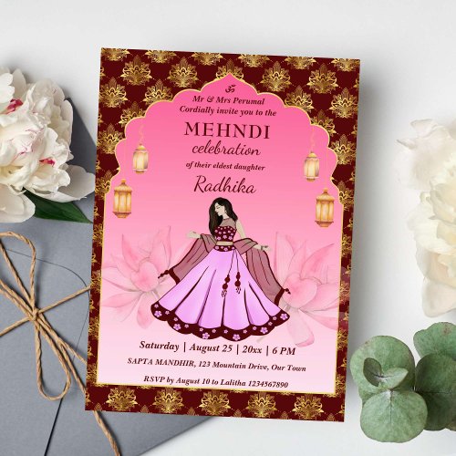 Mehndi maroon pink gold lotus Indian bride  Invitation