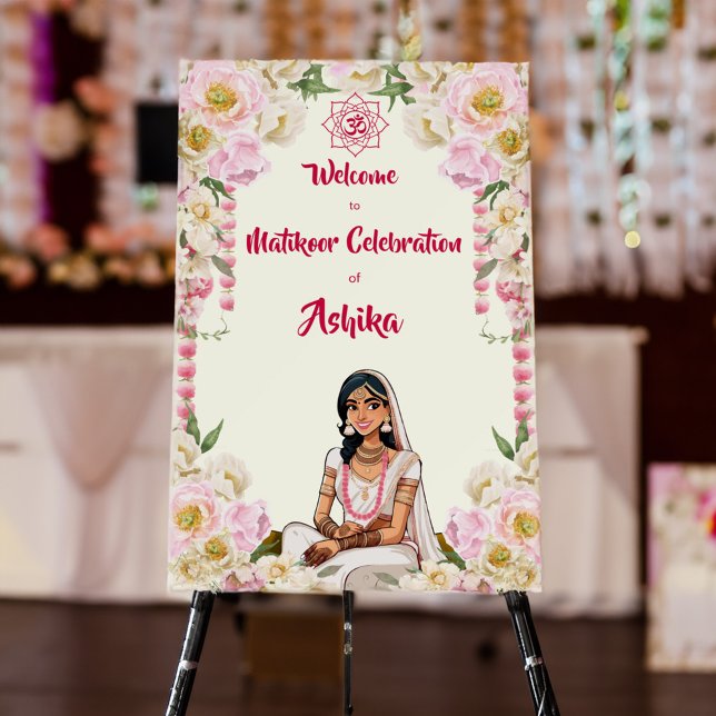 Mehndi Matikoor Haldi Indian wedding welcome sign (Mehndi Matikoor Haldi Indian wedding welcome sign board template cute caricature bride cartoon )