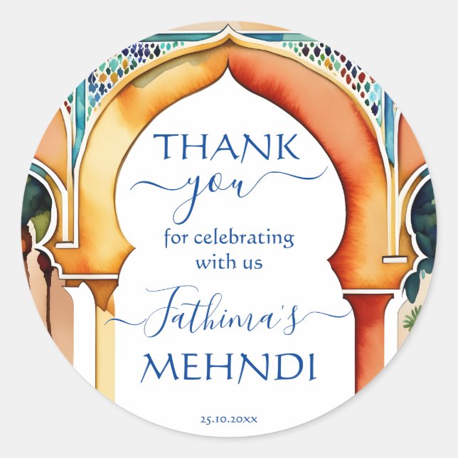 Mehndi Morocco Arabian style arch thank you favor Classic Round Sticker (Front)