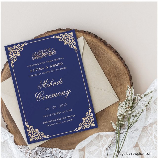 Mehndi Navy Blue Islamic Muslim Wedding Invitation (Creator Uploaded)