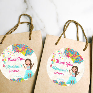 Mehndi pink blue cute Indian girl thank you favor Classic Round Sticker