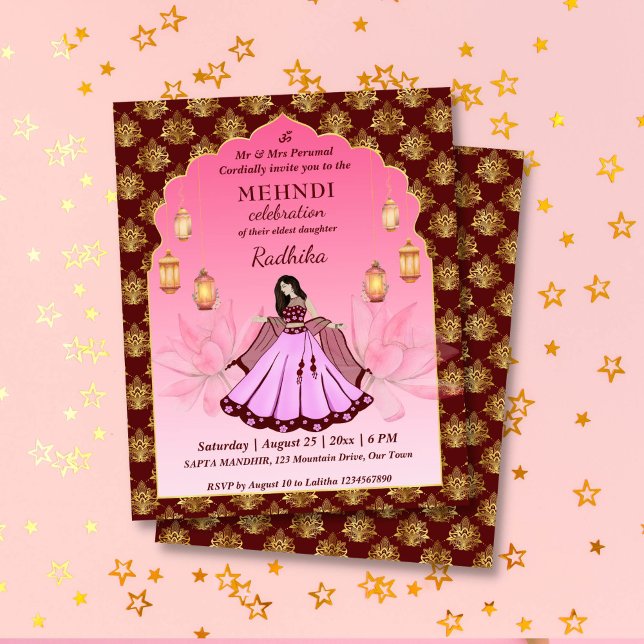 Mehndi pink lotus Indian bride budget invitation (Mehndi budget invitation maroon pink arch frame gold lotus dancing Indian bride Moroccan lanterns)