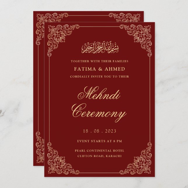 Mehndi Red Gold Islamic Muslim Wedding Invitation (Front/Back)