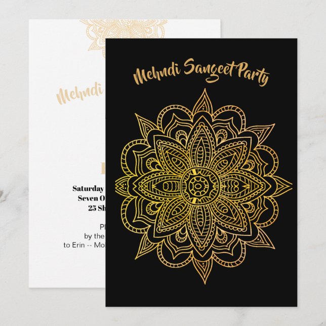 Mehndi Sangeet Black Gold Henna Party Invitation (Front/Back)