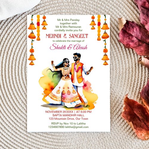 Mehndi Sangeet dancing Indian bridal couple modern Invitation