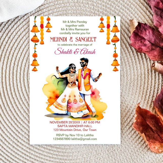 Mehndi Sangeet dancing Indian bridal couple modern Invitation (Mehndi and sangeet template invitation instant download dancing Indian bridal couple modern colorful)