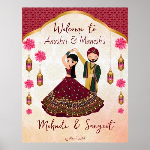 Mehndi sangeet dancing Indian couple lotus Arabian Poster