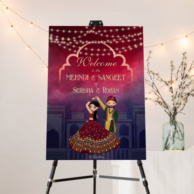 Mehndi Sangeet fairy lights dancing couple welcome Foam Board (In Situ (Stand))