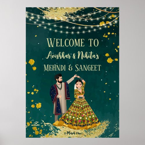 Mehndi sangeet green with dancing couple welcome poster