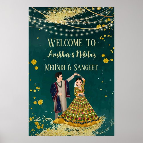 Mehndi sangeet green with dancing couple welcome  poster