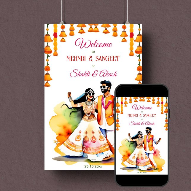 Mehndi Sangeet Indian bridal couple welcome sign (Sangeet mehndi Indian wedding welcome sign poster instant download fun Indian dancing bridal couple)