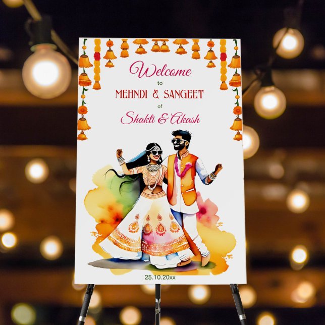 Mehndi Sangeet Indian bridal couple welcome sign (Sangeet entrance decor mehndi Indian dancing bridal couple welcome sign with marigold bell garlands)