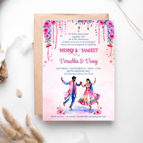 Mehndi Sangeet Indian wedding bridal couple pink Invitation