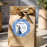 Mehndi Sangeet Indian wedding cute favors Classic Round Sticker<br><div class="desc">Blue and white  cute bridal couple caricature Indian wedding favors customized favor stickers mehndi and sangeet favors personalized  printed favor stickers</div>