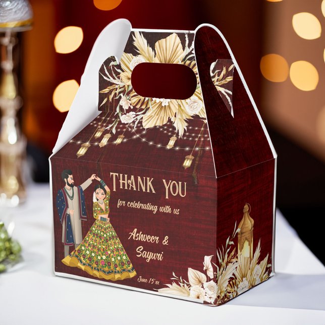 Mehndi Sangeet Indian wedding dancing couple Favor Boxes (Mehndi and Sangeet Indian wedding maroon and gold favor gift box cute cartoon dancing bridal couple)