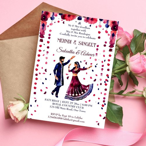 Mehndi Sangeet Indian wedding modern watercolor Invitation