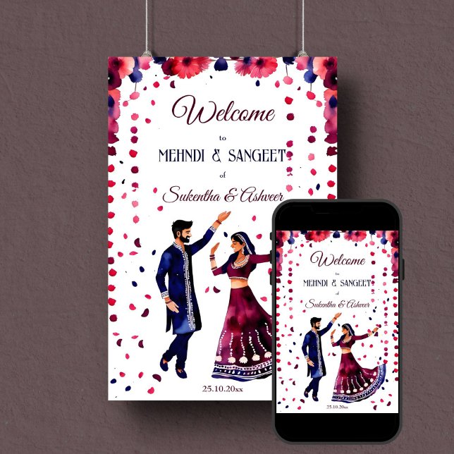 Mehndi Sangeet Indian wedding modern welcome sign (Mehndi and sangeet welcome sign poster instant download dancing Indian bridal couple modern maroon)