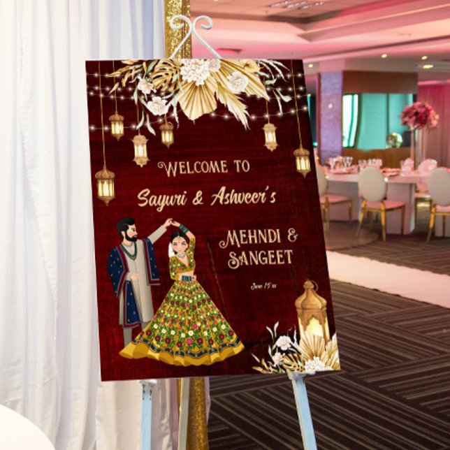 Mehndi Sangeet maroon dancing couple welcome Foam Board (Creator Uploaded)