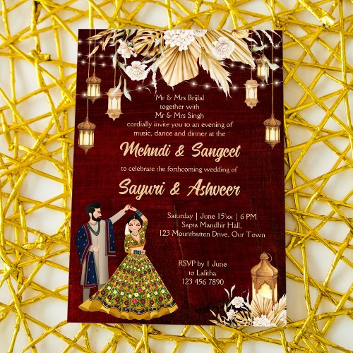 Mehndi Sangeet maroon Indian dancing couple  Invitation