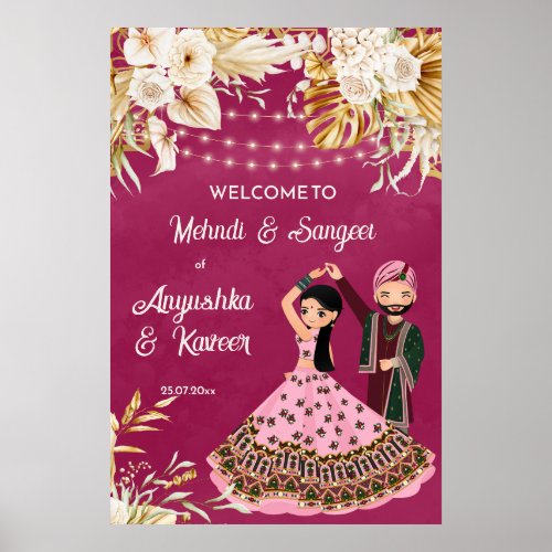 Mehndi sangeet pink gold Indian wedding welcome Poster