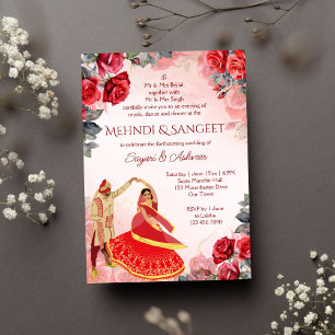 Mehndi Sangeet red roses Indian dancing couple Invitation