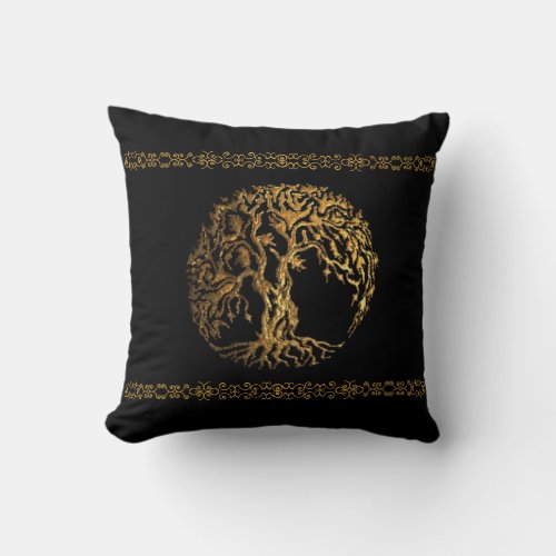 Mehndi Tree of Life Gold Throw Pillow