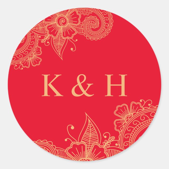 Mehndi Wedding Monogram Classic Round Sticker (Front)